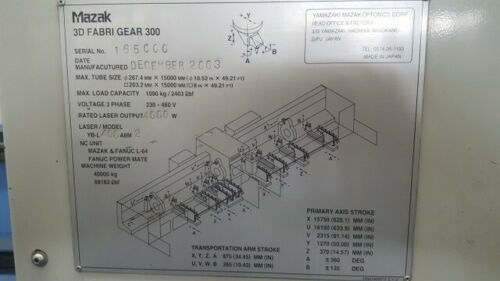 Mazak 3D Fabri Gear 300 L Tube Laser, Machine ID: 7462